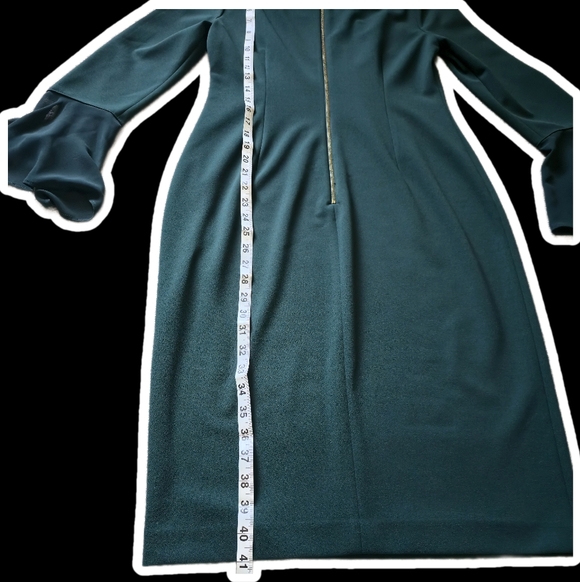 Calvin Klein Forest Green Chiffon Bell Sleeve Sheath Dress - Size 10 - Picture 12 of 12